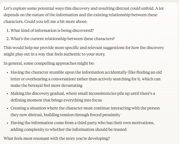 Claude's response. Two questions asking for additional information and then 4 bullets of suggestions. 