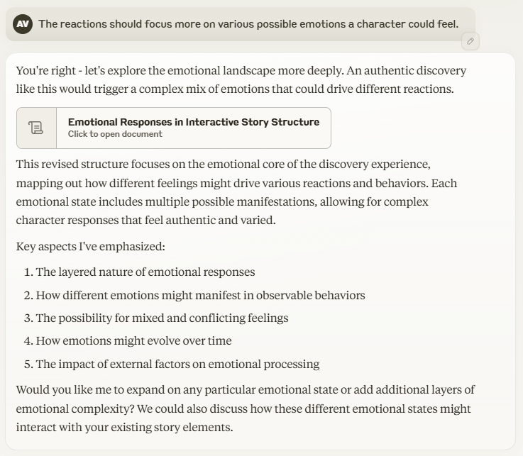 I state in response: "The reactions should focus more on various possible emotions a character could feel." Claude responds by editing the document to a new version and summarizing its approach to emotion.