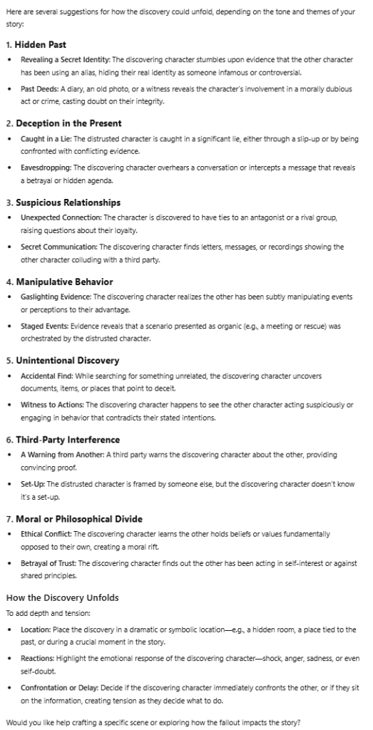 ChatGPT's response. A very long bulleted list of suggestions that could answer the prompt. Ends with a question about whether to help craft the scene.