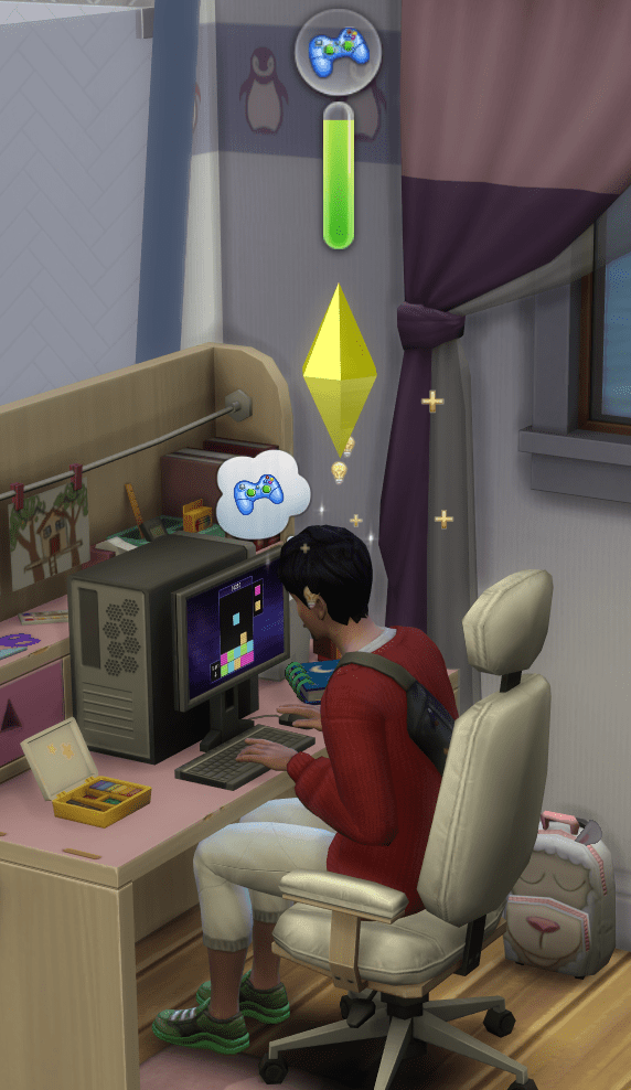 Our friend, Mr. Sim-Japan, sits at a desk playing BlicBloc. 