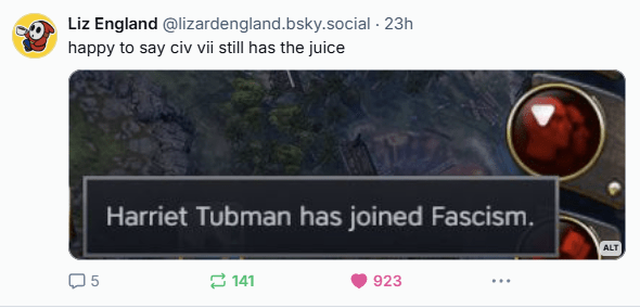 A Civ 7 notification saying, "Harriet Tubman has joined Fascism."